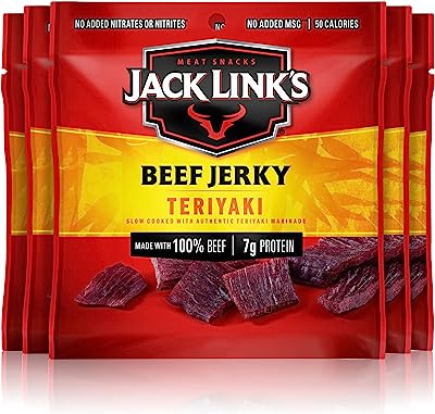 Jack Link's Beef Jerky, Teriyaki - Flavorful Meat Snack for Lunches, Ready to Eat Snacks - 7g of Protein, Made with Premium Beef - 0.625 Oz Bags (Pack of 5) Teriyaki Pack of 5