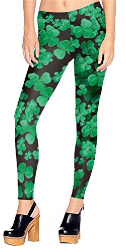 Dasbayla Green Clover Pattern Stretchy Leggings for Women Black Shamrock Skinny Pants
