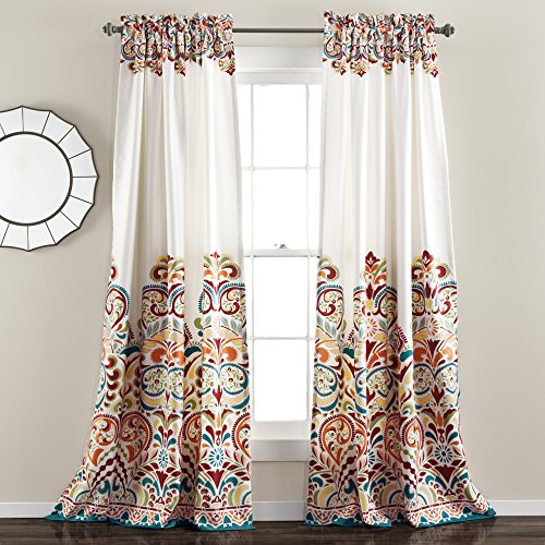 Lush Decor Clara Curtains Paisley Damask Print Bohemian Style Room Darkening Window Panel Set for Living, Dining, Bedroom (Pair), 84" x 52", Turquiose & Tangerine