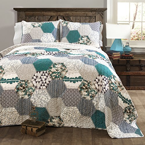 Book Cover Lush Decor Briley Quilt 3 Piece Reversible Print Hexagon Pattern Patchwork Neutral Bedding Set, King, Turquoise Blue