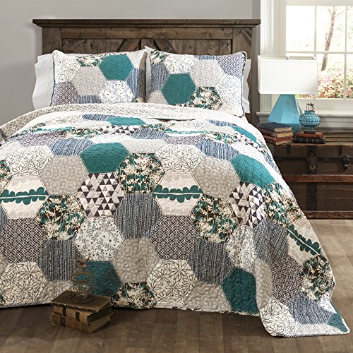 Lush Decor Briley Quilt 3 Piece Reversible Print Hexagon Pattern Patchwork Neutral Bedding Set, King, Turquoise Blue