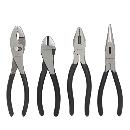 Amazon Basics Pliers Set, Hand Tools for Precision, Cutting Wire Cutter with Needle Nose and Diagonal, Quality Tool Set for Home Maintenance, Set of 4, Black and Silver