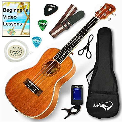 Book Cover Ukulele Concert Size Bundle By Lohanu (LU-C) All Accessories Included â€“ 2 Strap Pins Installed Nylon Strap Padded Case Tuner Leather & Plastic Picks Ukelele Hanger Aquila Strings Free Video Lessons!