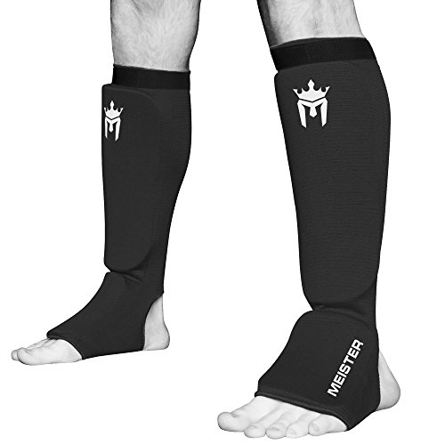 Meister MMA Elastic Cloth Shin & Instep Padded Guards (Pair) - Black - Small/Medium