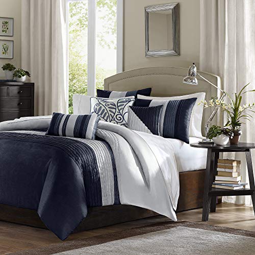 Book Cover Madison Park Amherst Faux Silk Comforter Set-Casual Contemporary Design All Season Down Alternative Bedding, Matching Shams, Bedskirt, Decorative Pillows, Cal King(104