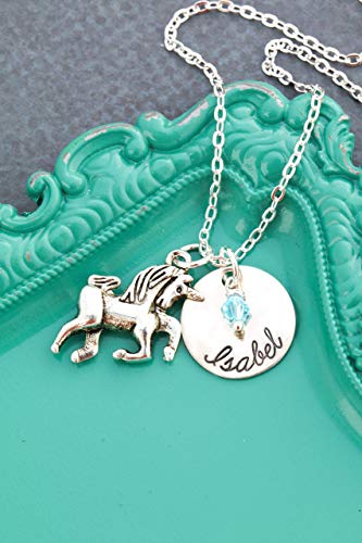 Personalized Unicorn Necklace - Custom Birthstone Handstamped Name - Little Girls Gift Fantasy - 5/8 Inch 15MM Disc - DII AAA