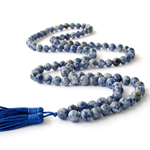 OVALBUY 8mm 108 Blue White Stone Beads Buddhist Prayer Mala Necklace/Wrist Mala