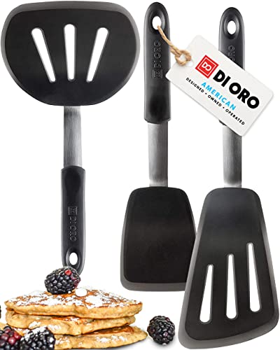 Book Cover DI ORO Silicone Turner Spatula Set - Kitchen Spatulas for Nonstick Cookware - Flexible & Thin Cooking Turners for Flipping Pancakes & Eggs - 600°F Heat-Resistant & BPA Free - Dishwasher Safe (Black)
