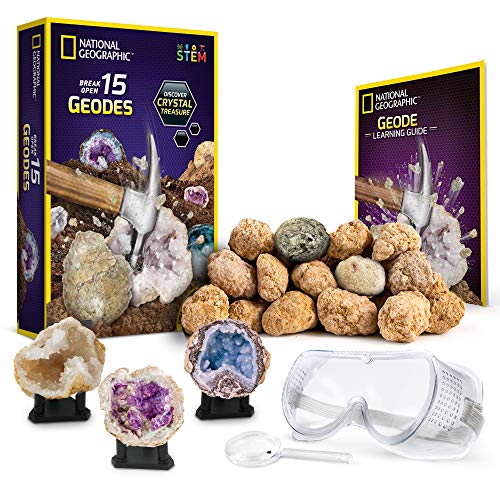 Book Cover NATIONAL GEOGRAPHIC - Break Open 15 Premium Geodes â€“ Includes Goggles, Detailed Learning Guide & 3 Display Stands - Great Stem Science Gift for Mineralogy & Geology Enthusiasts of Any Age