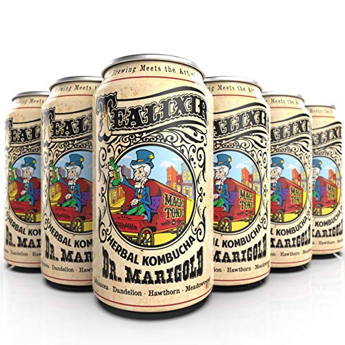 Tealixir Herbal Kombucha Tea - Dr Marigold - Inspired By North American Folk Medicine, This Herbal Tonic Features Echinacea, Dandelion, Hawthorn and Meadowsweet, Probiotic, Vegan, 12 PACK