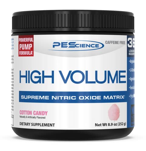 PEScience High Volume Nitric Oxide Booster Pre Workout Powder with L Arginine Nitrate, Cotton Candy, 36 Scoops, Caffeine Free