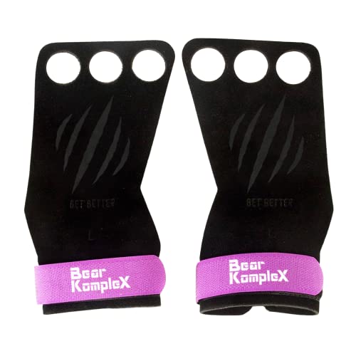 Bear KompleX 3 Hole Leather Hand Grips for Home Workouts Like Pull-ups, Weightlifting, WODs with Wrist Straps, Comfort and Support, Hand Protection from Rips and Blisters for Men and Women Purple Small