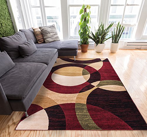 Well Woven Casual Modern Styling Shapes and Circles Area Rug 5x7 (5' x 7'2'') Multi Color Red Black Beige Thick and Soft Pile Easy Care Pile Suitable for high Traffic Areas