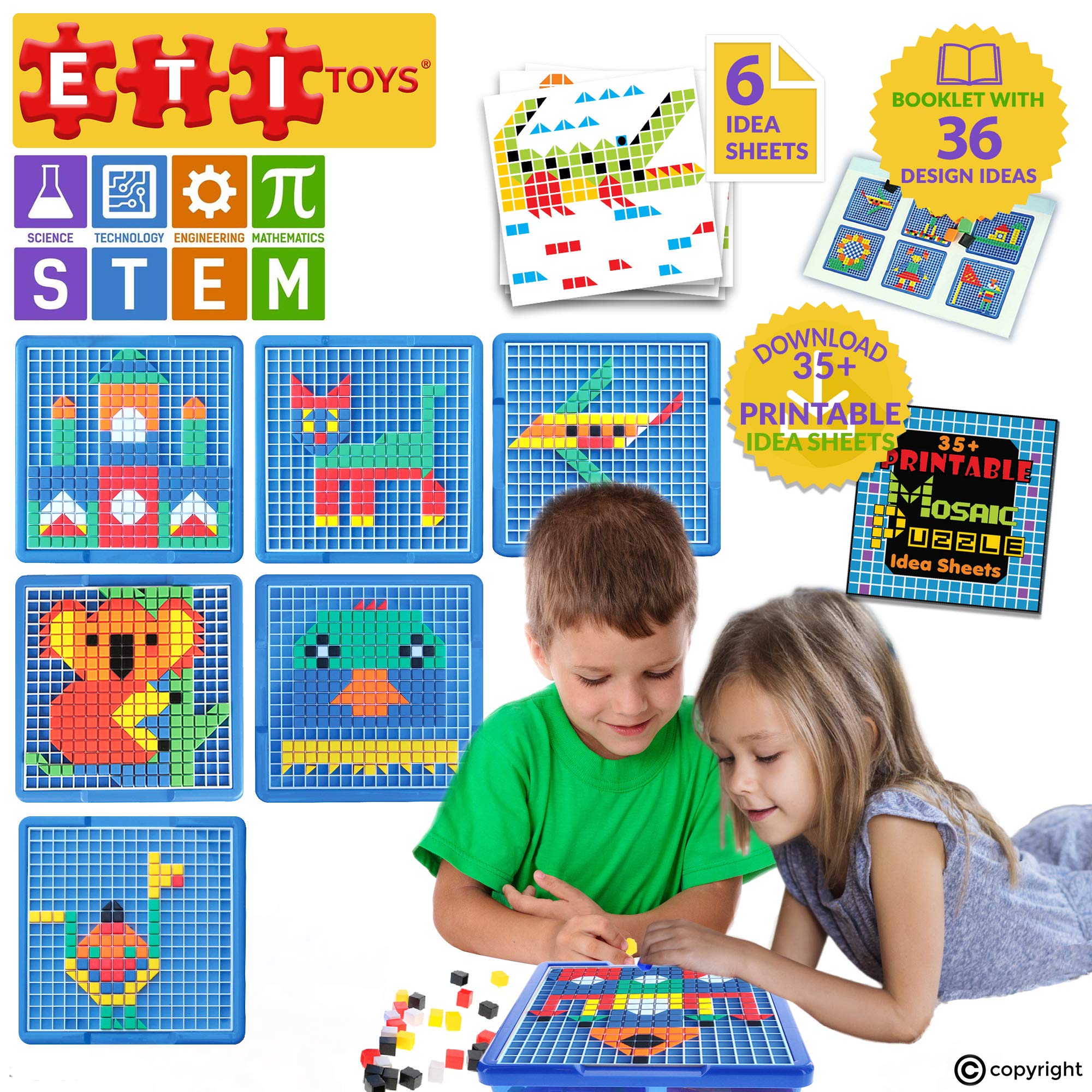ETI Toys, STEM Learning, 490 Piece Mosaic Puzzle. Build Cat, House, Alligator, and More. 100 Percent Safe, Fun, Creative Skills Development. Gift, Toy for 3, 4, 5 Year Old Boys and Girls.