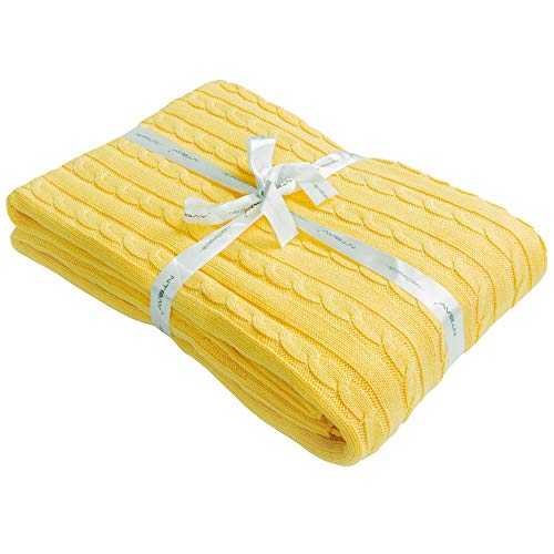 Book Cover NTBAY Cotton Cable Knit Throw, Super Soft Warm Multi Color Bed Blanket, Mustard, 130 x 170 cm