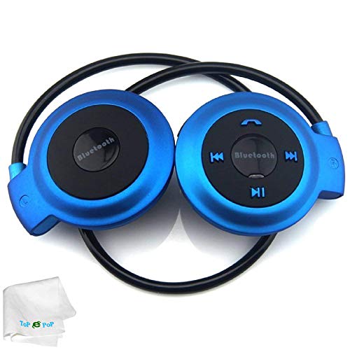 TOPEPOP Universal Sports Stereo Wireless Bluetooth Headset Earpiece Earphones Music Earbuds Built-in Microphone Mp3 Fm Player for Android Ios Cellphone Smartphone (Blue)