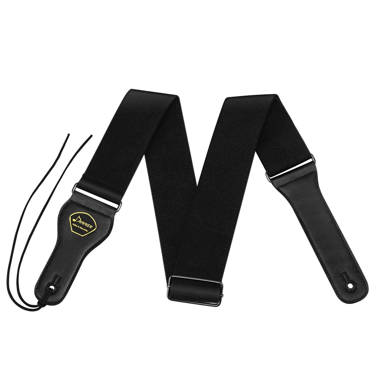 Donner DR-1 Soft Cotton Guitar Strap for Bass Acoustic Electric Guitar with Pick Pocket Genuine Leather End Black 2” Wide Gift for Guitarists