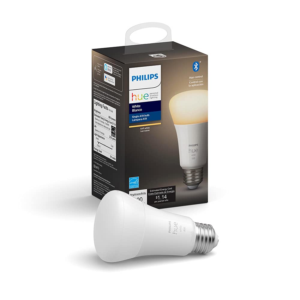 Book Cover Philips Hue White A19 Single LED Bulb Works with Amazon Alexa (Hue Hub Required), 10 Wattage
