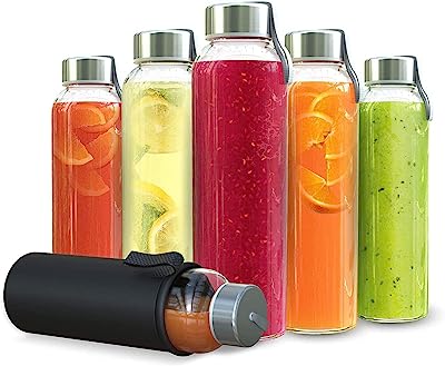 Book Cover Chef's Star 18 Oz Glass Water Bottles, Glass Drinking Bottle with Protection Sleeve, Juice Bottles with Stainless Steel Leak Proof Lids, Pack of 6
