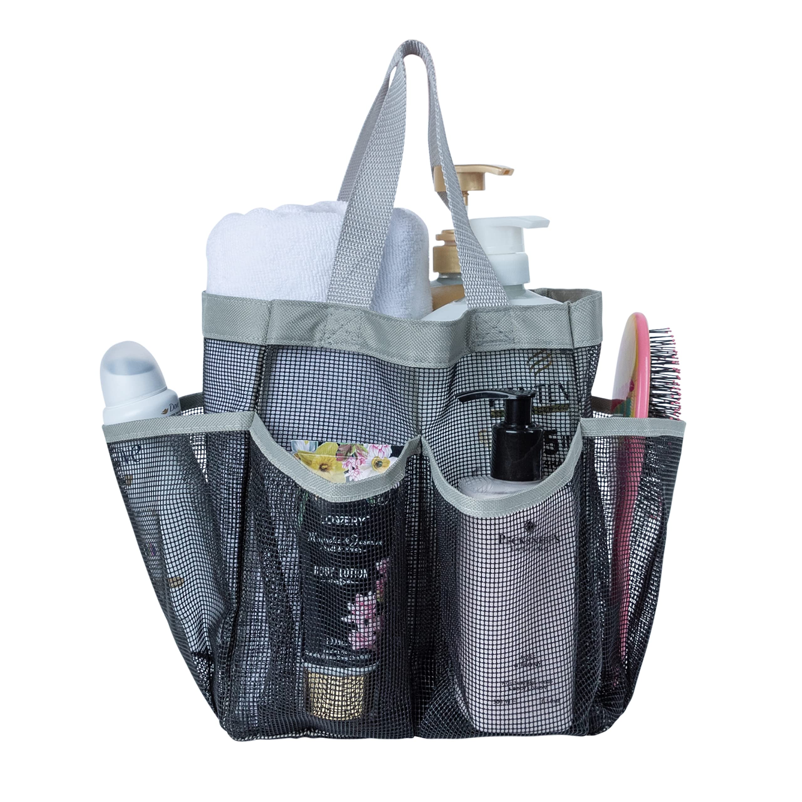 Book Cover 7 Pocket Shower Caddy Tote, Black - Keep your shower essentials within easy reach. Shower caddies are perfect for college dorms, gym, shower, swimming and travel. Mesh allows water to drain easily.