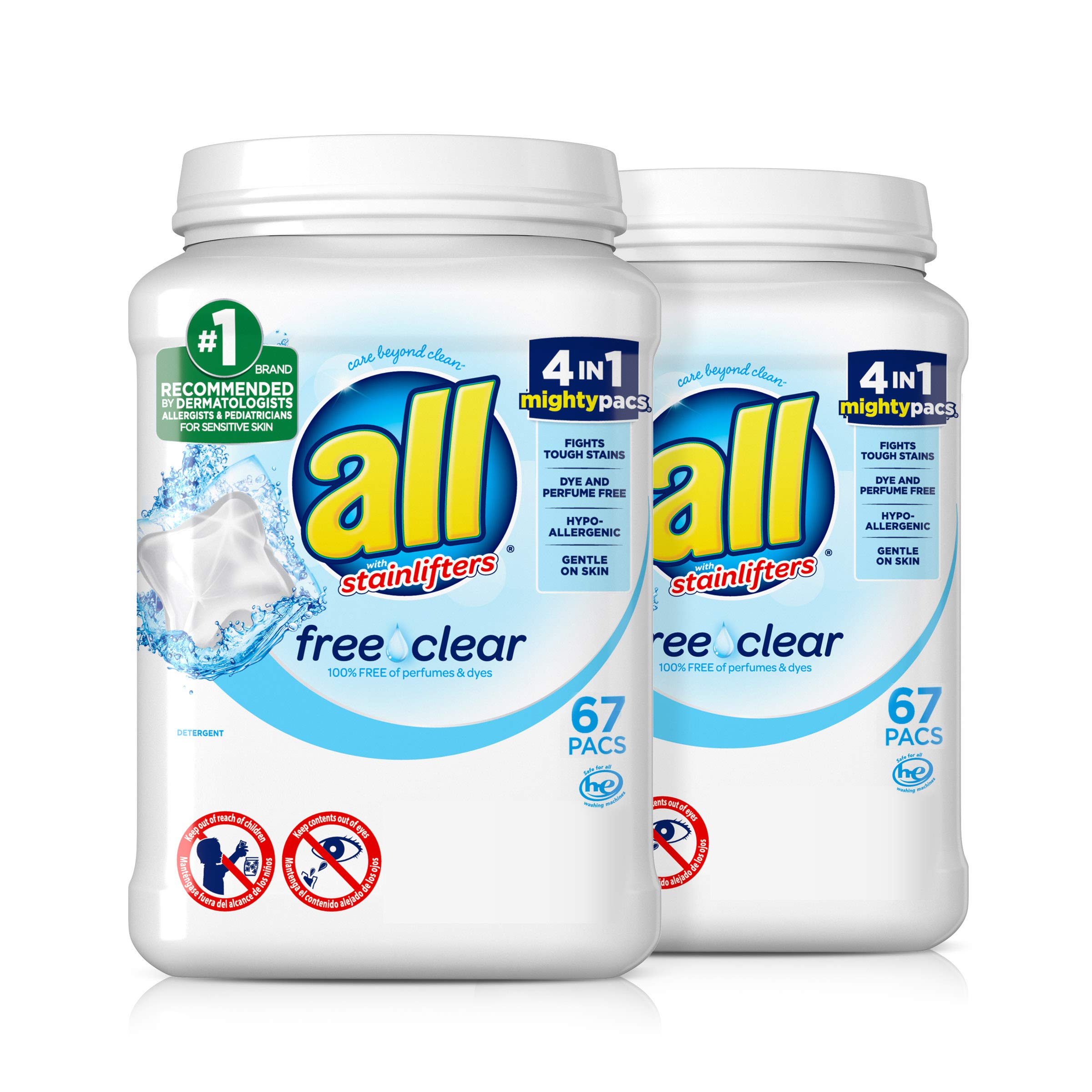 all Mighty Pacs Laundry Detergent, Free Clear for Sensitive Skin, 2 Tubs, 134 Total Loads,67 Count (Pack of 2)