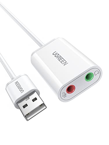 UGREEN USB to Audio Jack Sound Card Adapter with Dual TRS 3-Pole 3.5mm Headphone and Microphone USB to Aux 3.5mm External Audio Converter for Windows Mac Linux PC Laptops Desktops PS5 Headsets, White