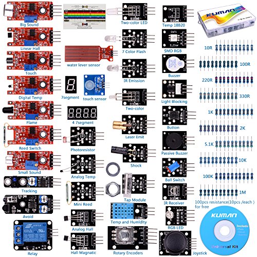 Book Cover kuman K5-USFor Arduino Raspberry pi Sensor kit, 37 in 1 Robot Projects Starter Kits with Tutorials for Arduino Uno RPi 3 2 Model B B+ K5
