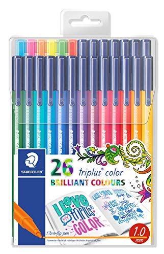 Staedtler Triplus Color, Feutres de coloriage de haute qualité, Pointe moyenne de 1 mm, Étui chevalet avec 26 couleurs lumineuses assorties dont 6 couleurs néon, 323 TB26JB
