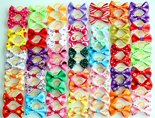 yagopet 60pcs/30pairs New Dog Hair Bows Topknot Small Bowknot with Rubber Bands Pet Grooming Products Mix Colors Varies Patterns Pet Hair Bows Dog Hair Accessories