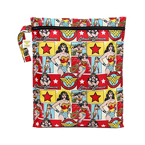 Bumkins Waterproof Wet Bag, Washable, Reusable for Travel, Beach, Pool, Stroller, Diapers, Dirty Gym Clothes, Wet Swimsuits, Toiletries, 12x14 â€“ DC Comics Wonder Woman