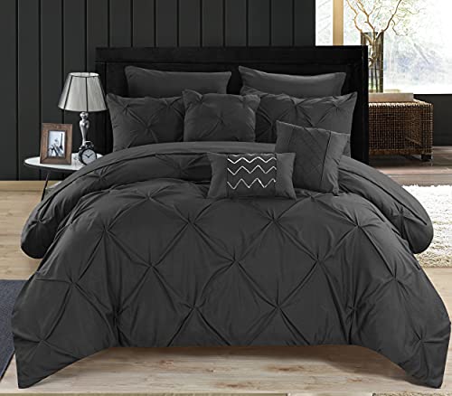 Book Cover Chic Home 10 Piece Hannah Pinch Pleated, ruffled and pleated complete King Bed In a Bag Comforter Set Black With sheet set