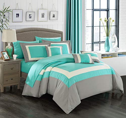Book Cover Chic Home CS1467-AN Duke 10 Piece Complete Color Block Bed, Queen, Turquoise