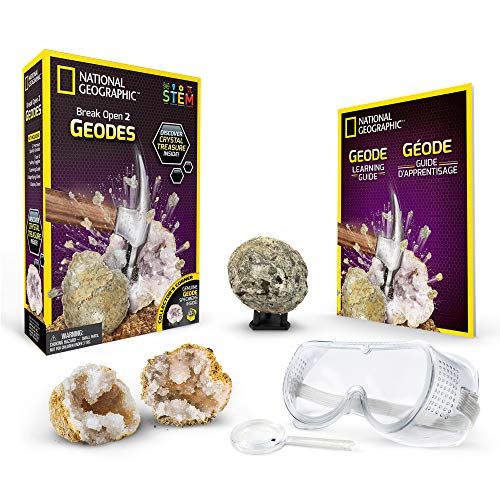 Book Cover NATIONAL GEOGRAPHIC Break Open 2 Geodes Science Kit - Includes Goggles, Detailed Learning Guide and Display Stand - Great STEM Science gift for Mineralogy and Geology enthusiasts of any age