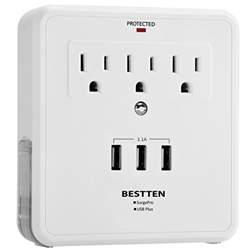 BESTTEN Wall Mount Surge Protector with 3.1A Triple USB Charging Ports, 3 AC Outlet Plugs and 2 Slide Out Phone Holders, ETL Certified