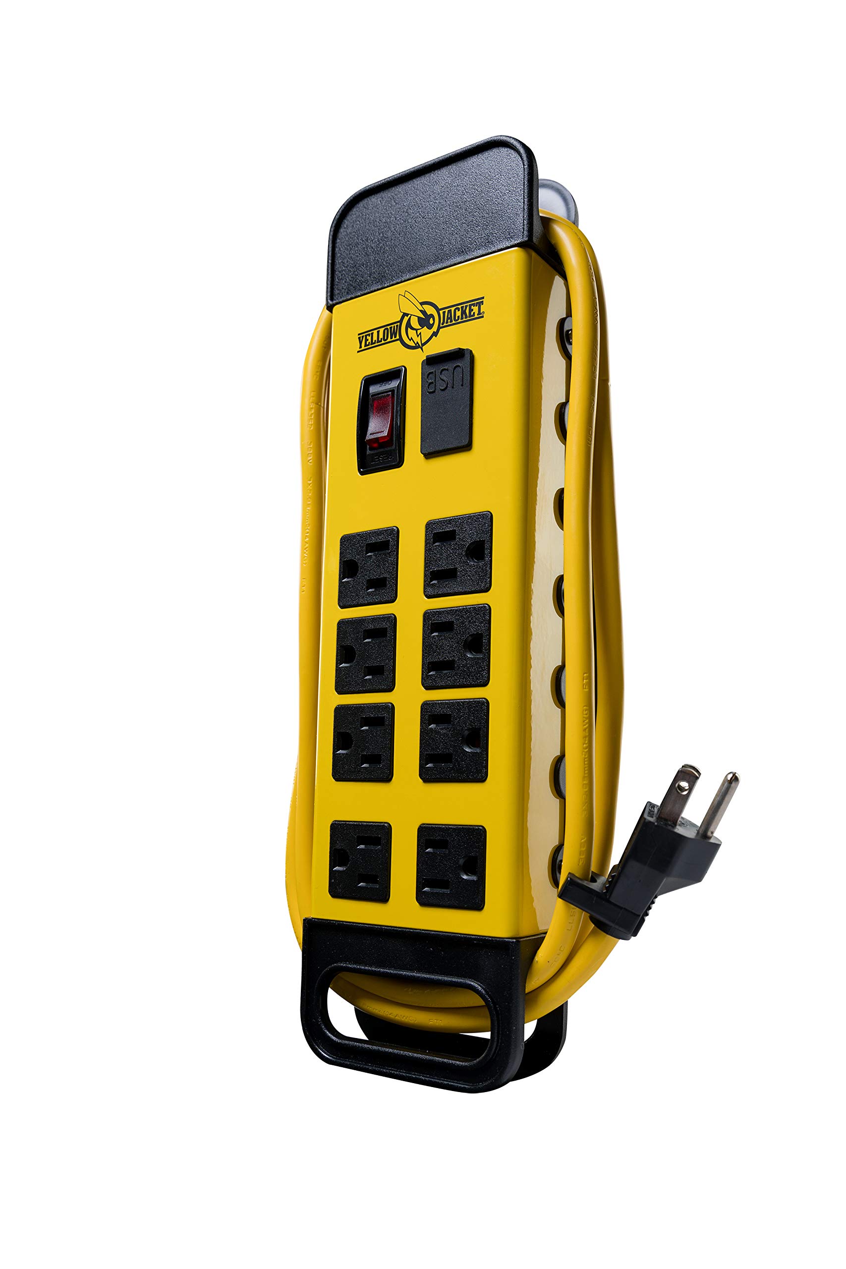 Yellow Jacket 5148 Modern Metal Block with 2 USB Ports, 8-Outlet Power Strip, Yellow and Black