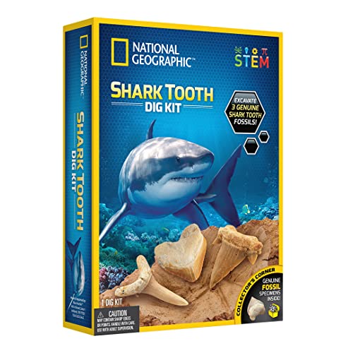 Book Cover NATIONAL GEOGRAPHIC Shark Tooth Dig Kit, Excavate 3 Real Shark Fossils Including Sand Tiger, Otodus and Crow Shark - Great Science Gift for Marine Biology Enthusiasts of Any Age