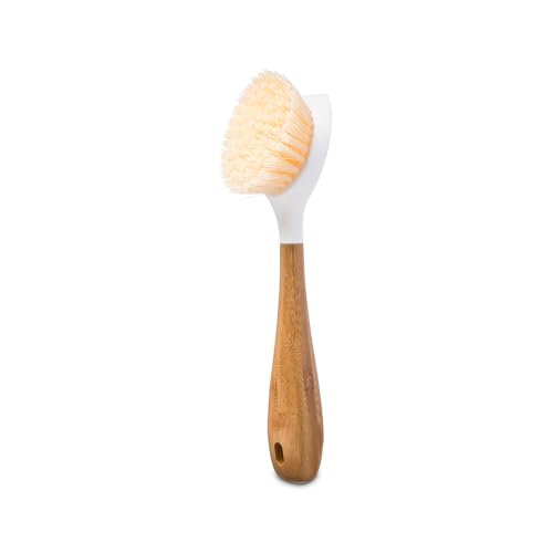 Full Circle Be Good Kitchen Dish Brush with Bamboo Handle – Long Handle Dish Scrubber with Tough Bristles, White