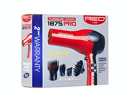 RED by KISS 1875 ProW Ceramic Tourmaline Hair Dryer with 4 Additional Styling Attachments (Design may vary)