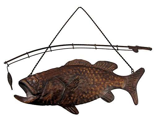 Fishing Decor Largemouth Bass Fish and Fishing Pole Metal Wall Decor, 15"