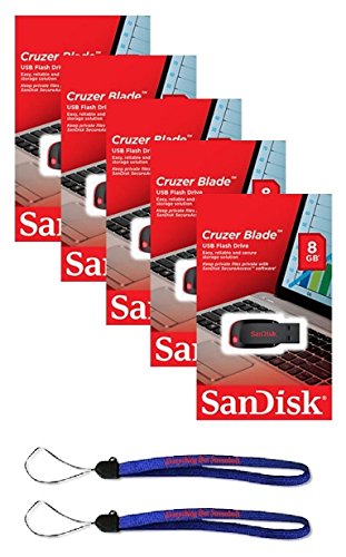 SanDisk Cruzer Blade 8GB (5 Pack) SDCZ50-008G USB 2.0 Flash Drive - Five Pack Retail Packs Bundle with(2) Everything But Stromboli Lanyards