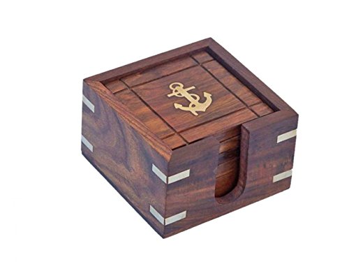 Hampton Nautical Wooden Anchor Coasters with Rosewood Holder (Set of 6), Brown, 3"