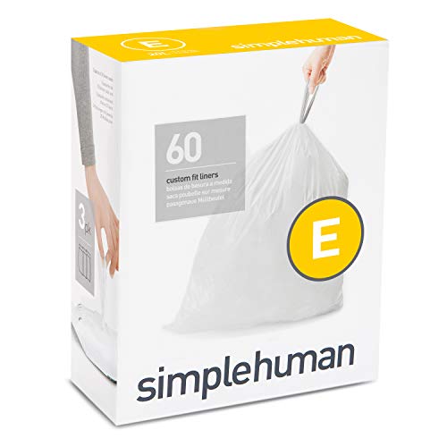 simplehuman Code E Custom Fit Drawstring Trash Bags, 20 Liter / 5.2 Gallon, White, 60 Count