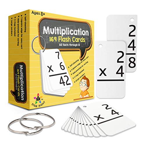 Book Cover Star Right Math Flash Cards - Multiplication Flash Cards - 169 Hole Punched Math Game Flash Cards - 2 Binder Rings - for Ages 8 and Up - 3rd, 4th, 5th and 6th Grade