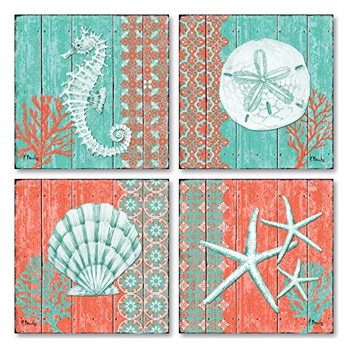 Book Cover 4 Lovely Teal and Coral Ocean Seashell Sand Dollar Seahorse Star Fish Collage Poster Prints; Nautical Decor; Four 8x8in Poster Prints