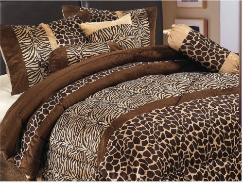 Book Cover 7 Piece Safari Zebra / Giraffe Animal Print Brown Micro Fur Comforter Set, Queen Size Bedding