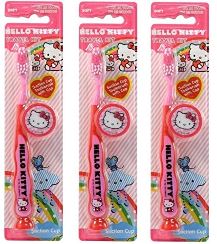 Hello Kitty Children's Tooth Brush (Pack of 3) with Cap and Suction - Toothbrush Designs Vary - Premium Quality