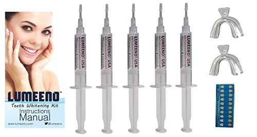 Lumeeno Teeth Whitening Kit 5 Large 44% Carbamide Peroxide Gels + 2 DIY Mouth Trays Shade Guide 25 Treatments Full At Home Tooth Bleaching Set Professional Dentist Grade Enamel Safe Whitener