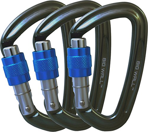 Big Wall Traverse - UIAA Certified 25kn Aluminum Carabiners - Screw Lock, Straight Gate Bent Gate - Grey Blue Screw Lock (Blue, Package Three (3))