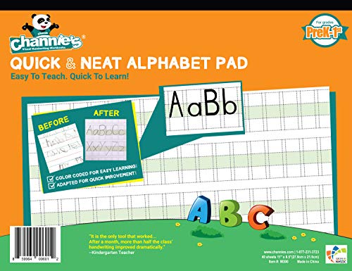 Book Cover Channie’s Quick & Neat Alphabet Writing Pad, Practice Handwriting & Printing Workbook, 80 Pages Front & Back, 40 Sheets, Grades PreK – 1st, Size 8.5” x 11”