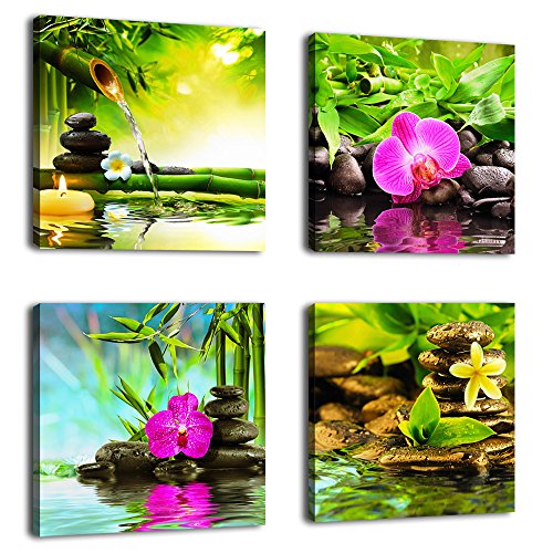 Book Cover yearainn Canvas Art Zen Canvas Prints Spa Wall Decor 4 Panel Canvas Artwork Modern Pictures Framed Ready to Hang - Spa Massage Treatment Red Orchid Frangipani Bamboo Waterlily Black Stone in Garden